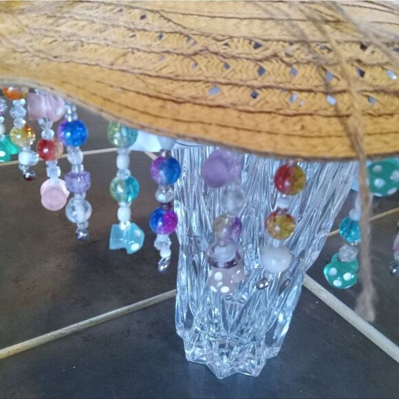 FESTIE STRAW HAT! One-of-a-kind,UV Reactive hanging Mushrooms, silk florals. - Picture 8 of 10